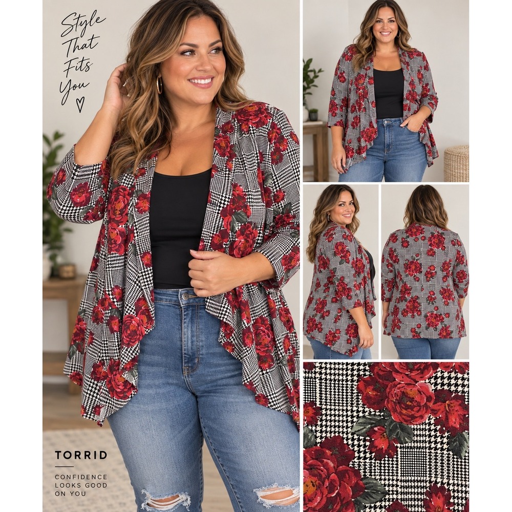 Torrid Houndstooth Floral Rose Open Front Draped Cardigan Plus Size 4 4X Red